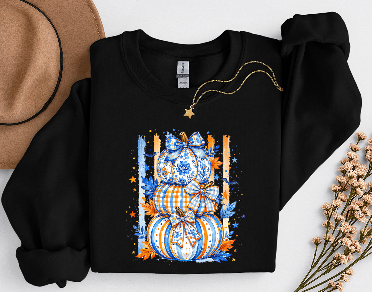 Blue & Orange Pumpkin Stack Fall Shirt | Coquette Pumpkin T-Shirt & Crewneck Sweatshirt