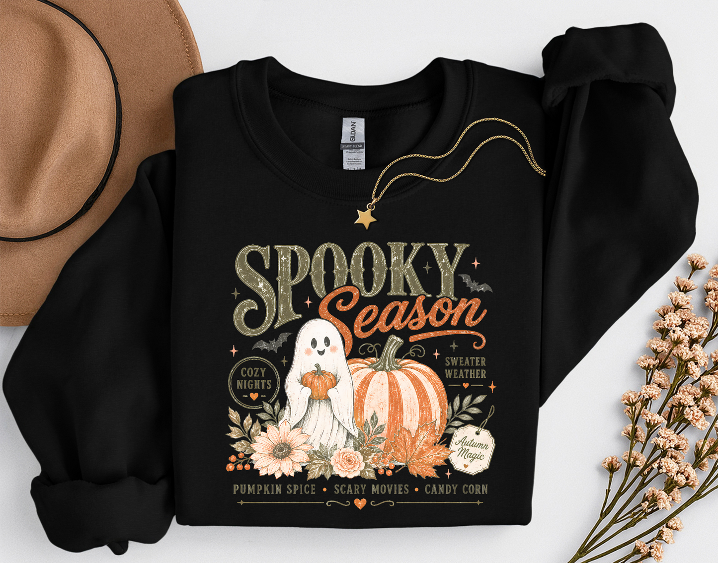 Spooky Season Ghost & Pumpkin Shirt | Cute Halloween T-Shirt or Crewneck Sweatshirt