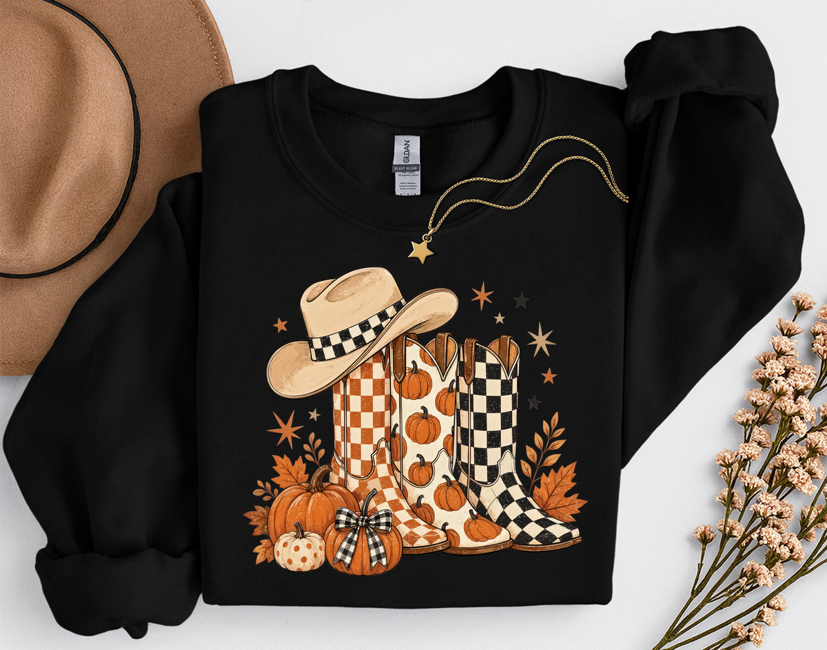 Western Fall Crewneck Sweatshirt | Cowboy Boots & Pumpkins Autumn Sweatshirt | Country Fall Shirt