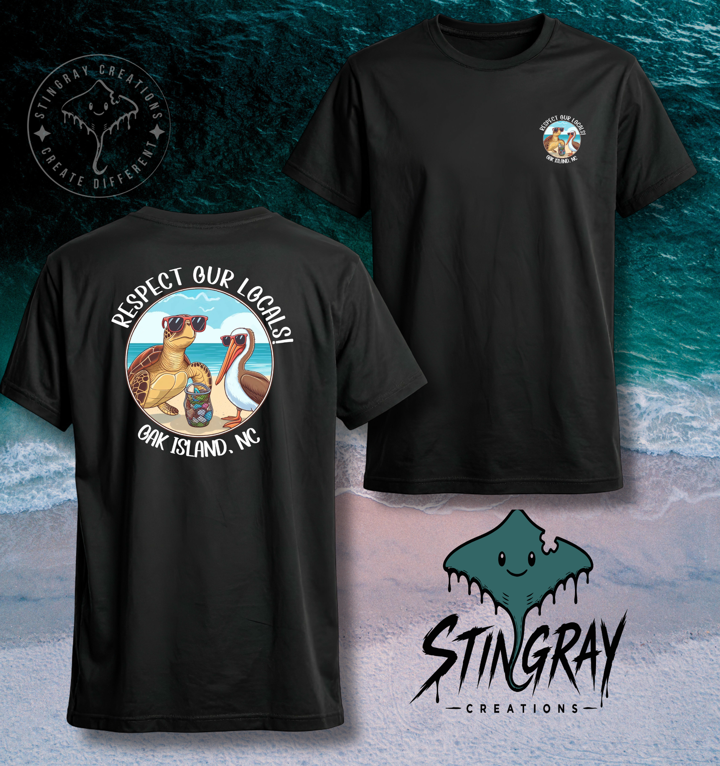 Respect Our Locals Oak Island NC Sea Turtle & Pelican T Shirt & Crewneck Sweatshirt