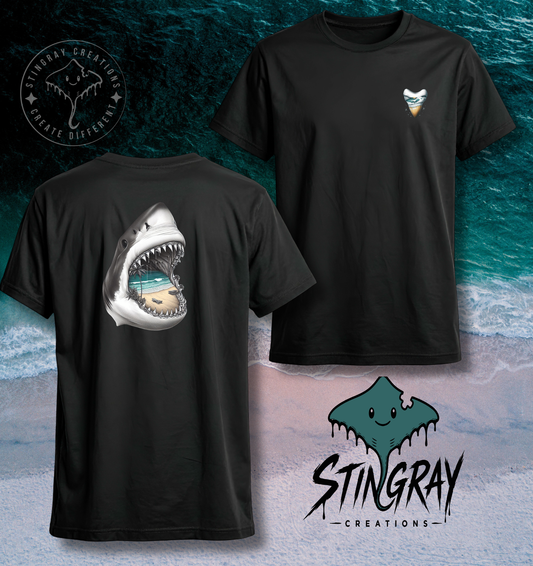 Shark Jaw Beach Scene T Shirt & Crewneck Sweatshirt | Coastal Shark Tooth Shirt