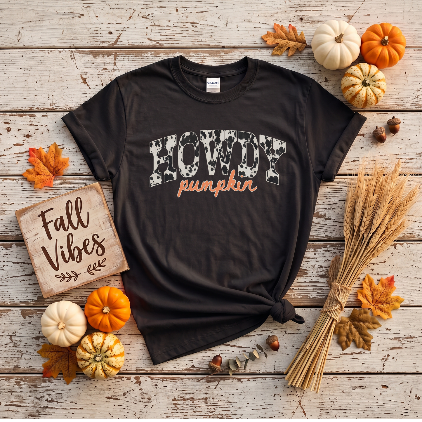 Howdy Pumpkin Cow Print Fall Shirt | Western Autumn T-Shirt & Crewneck Sweatshirt