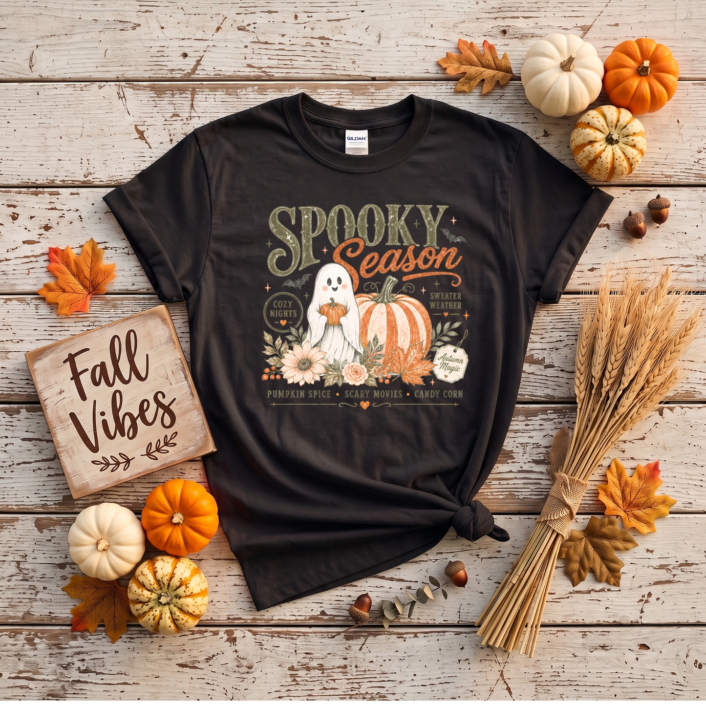 Spooky Season Ghost & Pumpkin Shirt | Cute Halloween T-Shirt or Crewneck Sweatshirt