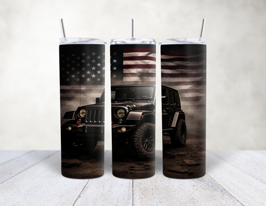 Black Jeep American Flag Tumbler 20oz Skinny Tumbler | Patriotic Jeep Lover Gift | USA Off Road Travel Mug
