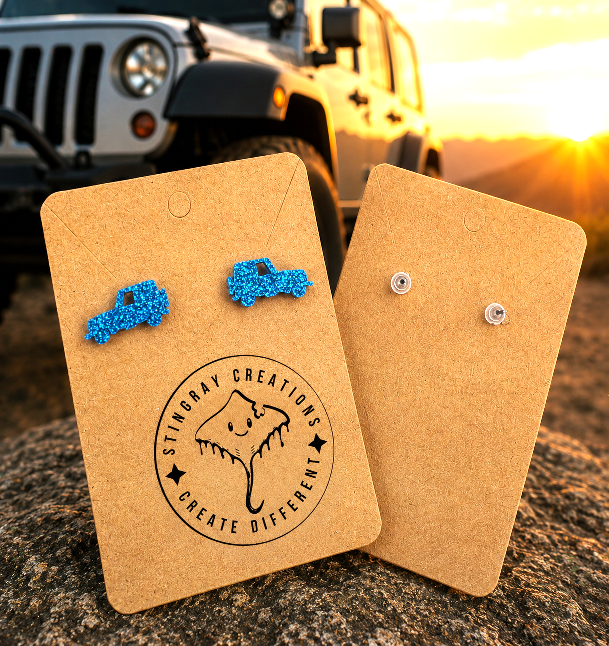 Blue Glitter Jeep Stud Earrings | Jeep Lover Earrings | Off Road Jewelry Gift for Women