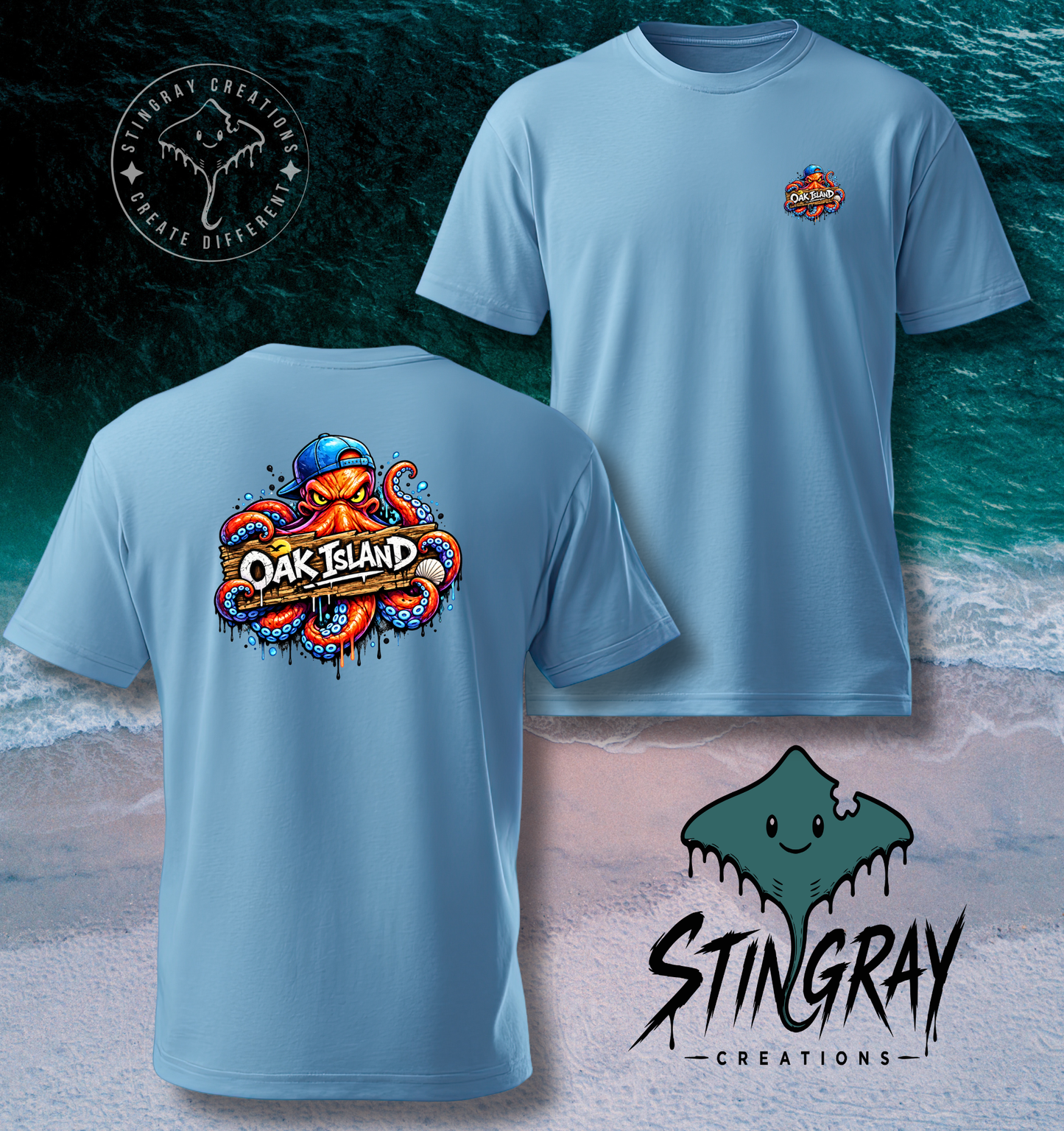 Oak Island Graffiti Octopus T Shirt | Coastal North Carolina Graphic Tee | Beach Vacation Shirt
