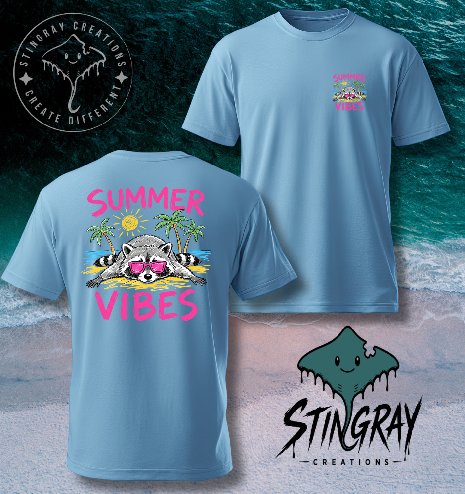Summer Vibes Raccoon Shirt | Funny Beach Graphic Tee | Cute Summer Vacation Shirt