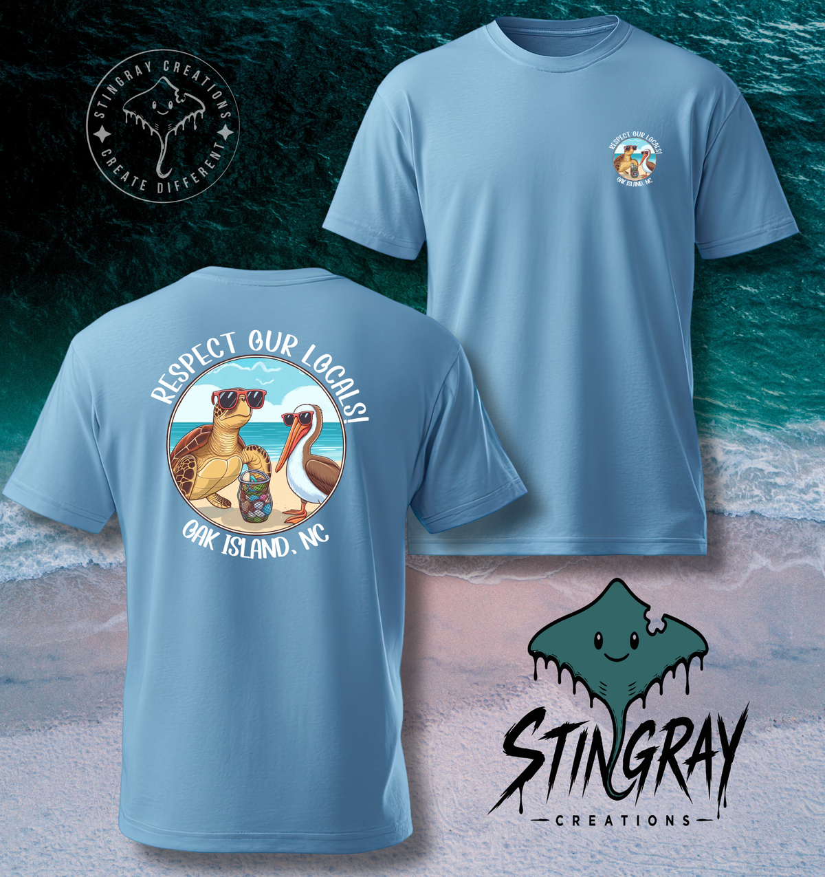 Respect Our Locals Oak Island NC Sea Turtle & Pelican T Shirt & Crewneck Sweatshirt