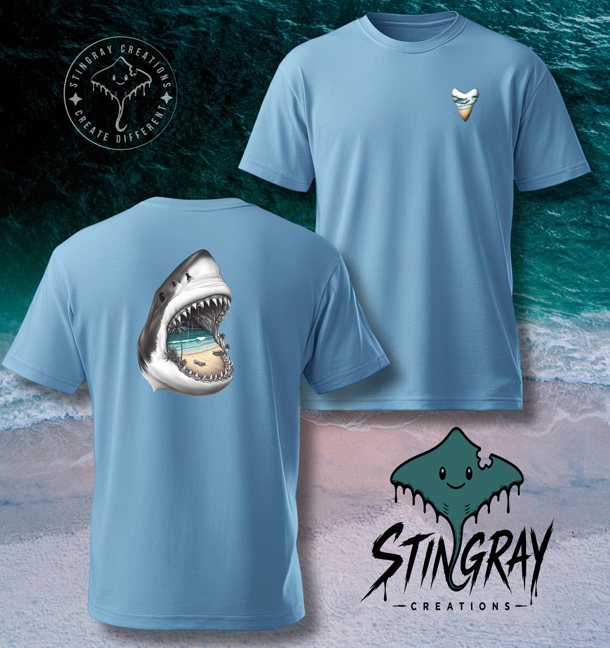 Shark Jaw Beach Scene T Shirt & Crewneck Sweatshirt | Coastal Shark Tooth Shirt
