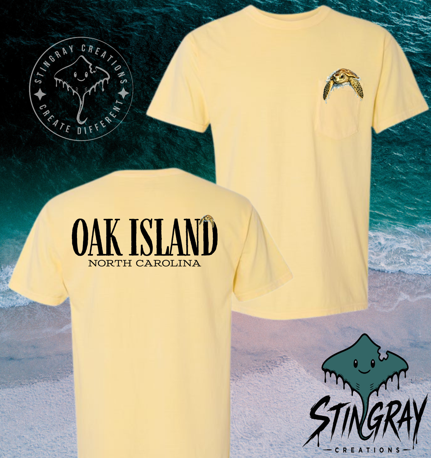 Oak Island Sea Turtle Pocket T Shirt | North Carolina Coastal Apparel | Comfort Colors