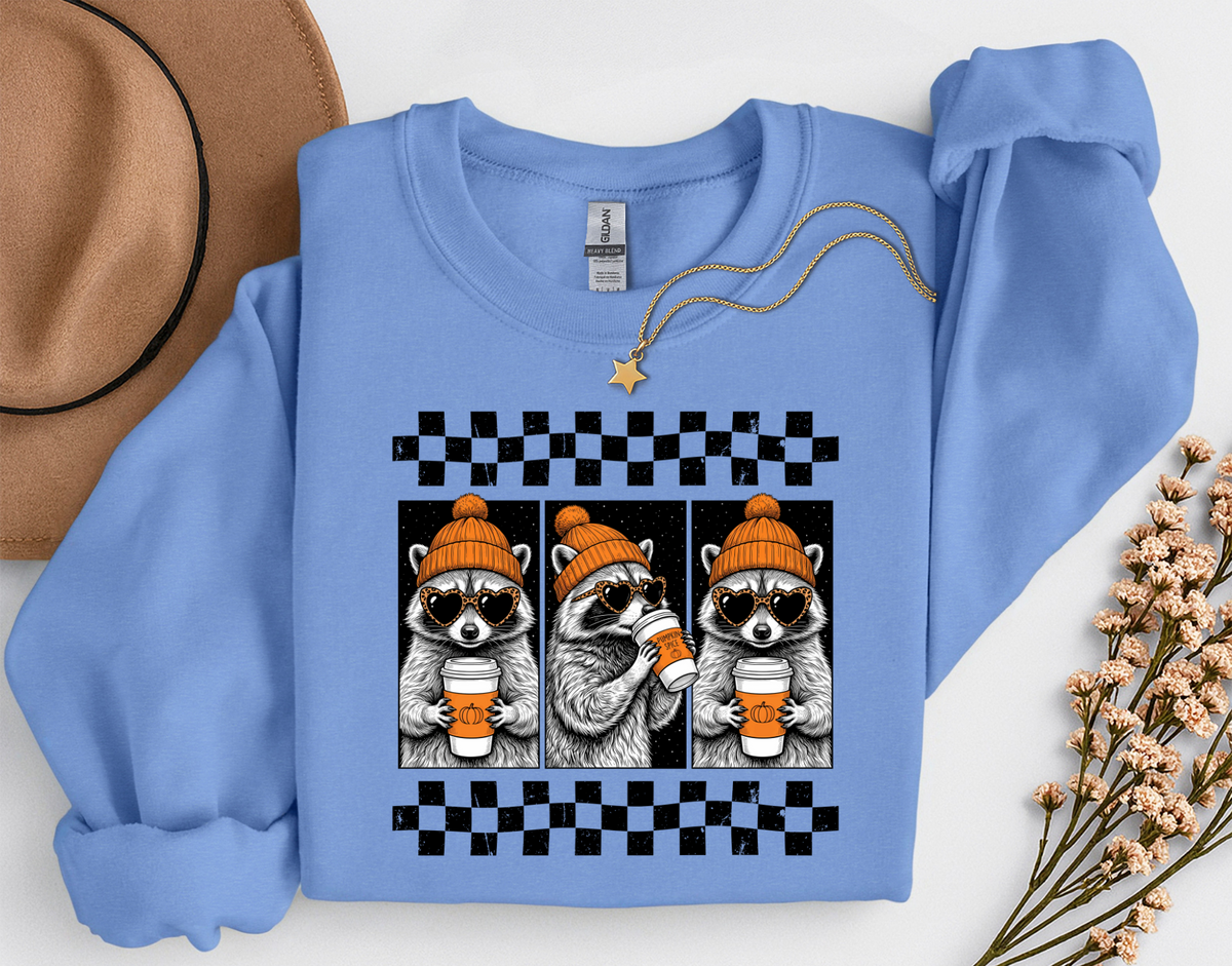 Pumpkin Spice Raccoon Crewneck Sweatshirt | Cute Fall Coffee Sweatshirt | Cozy Autumn Raccoon Shirt