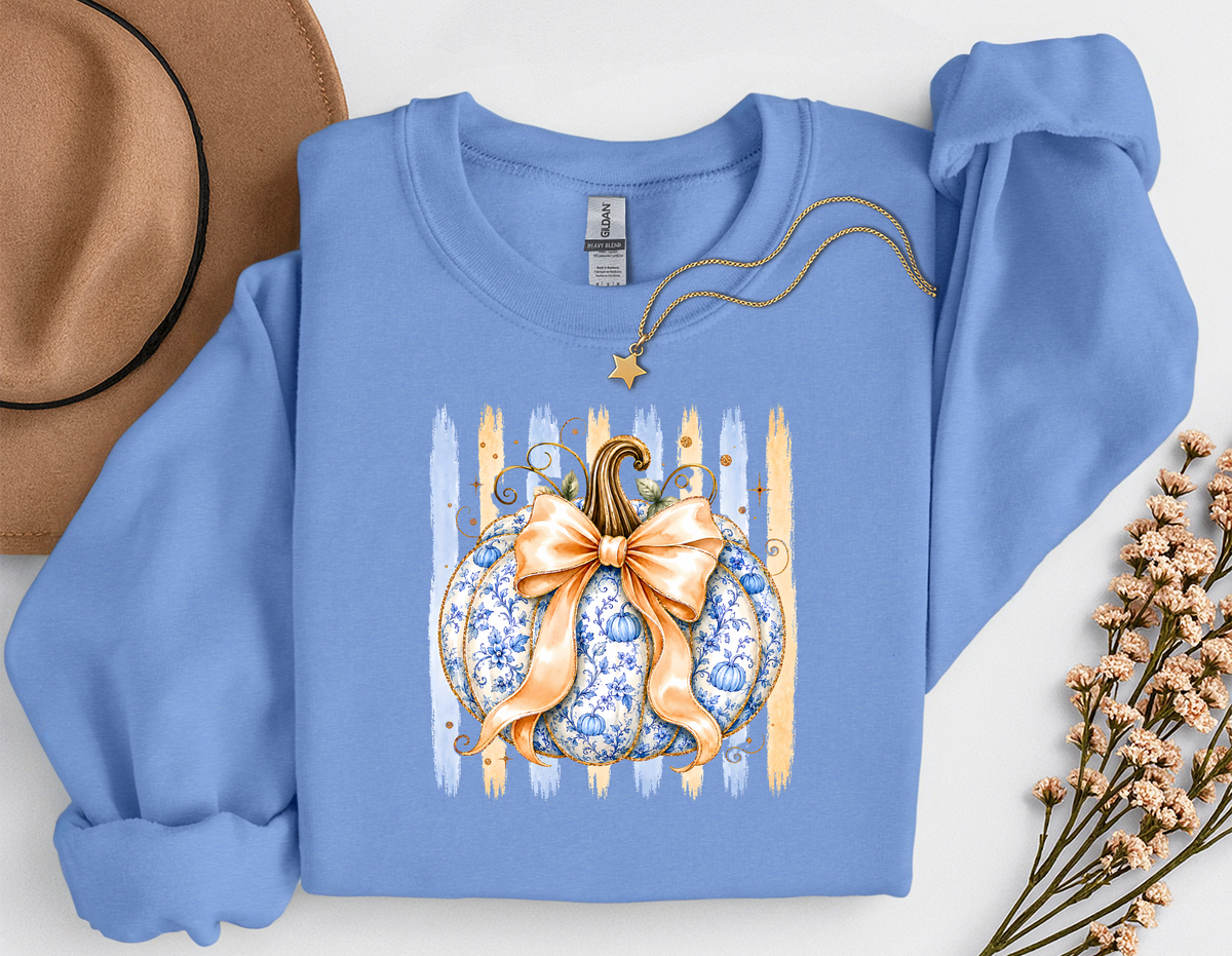 Blue Floral Pumpkin Crewneck Sweatshirt | Coquette Fall Pumpkin Sweatshirt