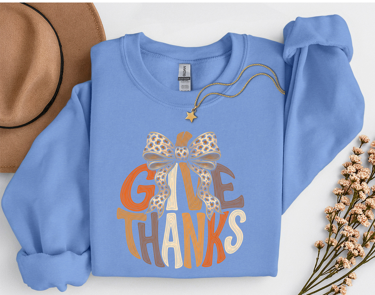 Give Thanks Leopard Bow Fall T-Shirt or Sweatshirt | Thanksgiving Apparel