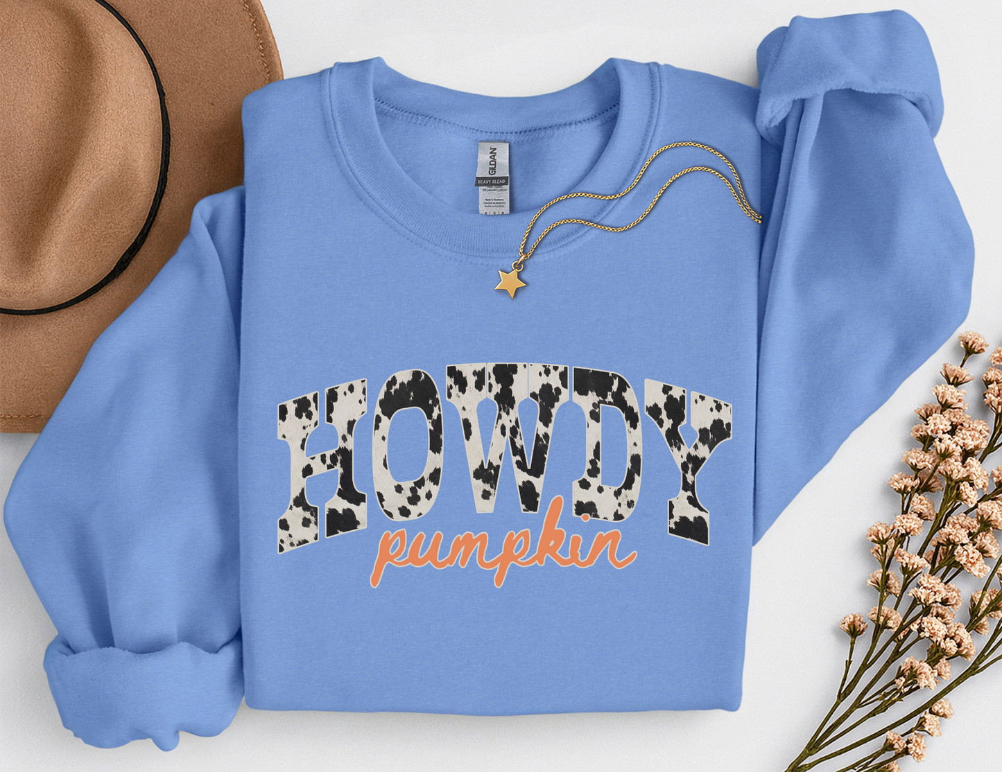 Howdy Pumpkin Cow Print Fall Shirt | Western Autumn T-Shirt & Crewneck Sweatshirt