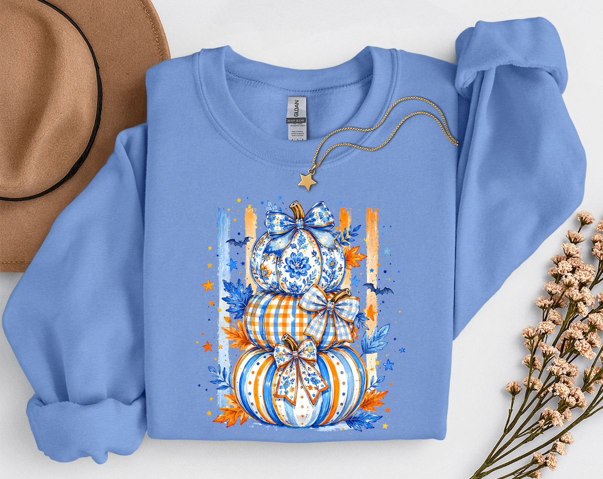 Blue & Orange Pumpkin Stack Fall Shirt | Coquette Pumpkin T-Shirt & Crewneck Sweatshirt