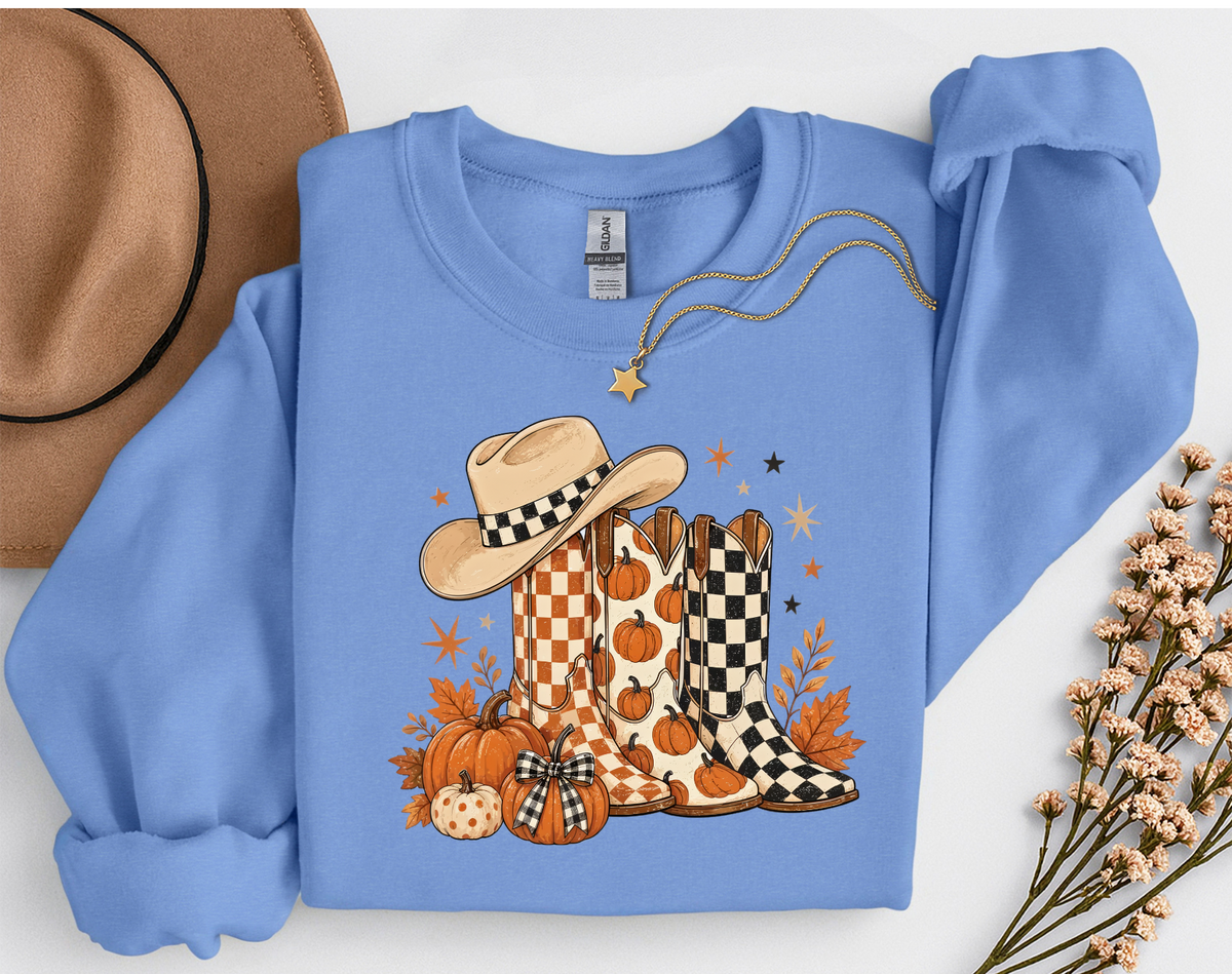 Western Fall Crewneck Sweatshirt | Cowboy Boots & Pumpkins Autumn Sweatshirt | Country Fall Shirt