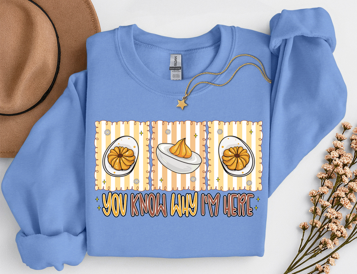 You Know Why I'm Here Deviled Eggs Thanksgiving T-Shirt or Sweatshirt | Funny Turkey Day Apparel