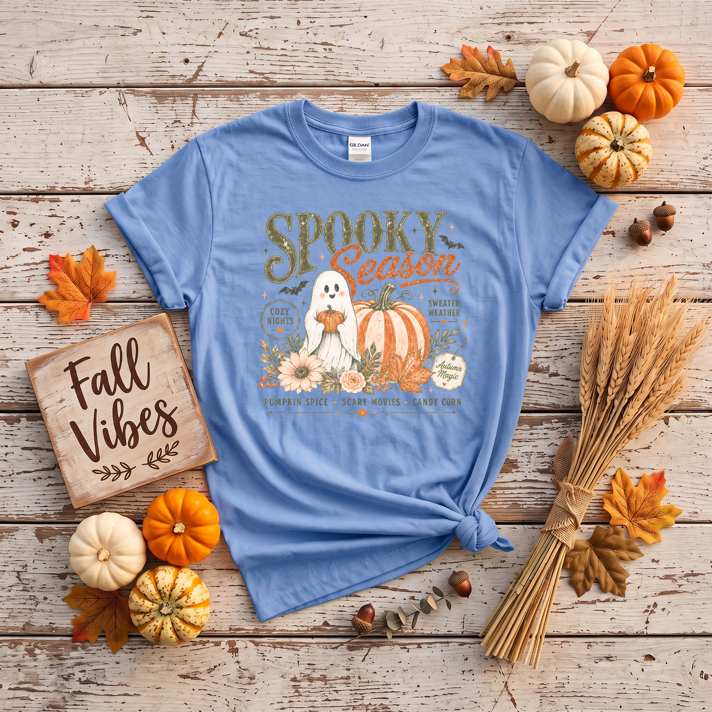 Spooky Season Ghost & Pumpkin Shirt | Cute Halloween T-Shirt or Crewneck Sweatshirt