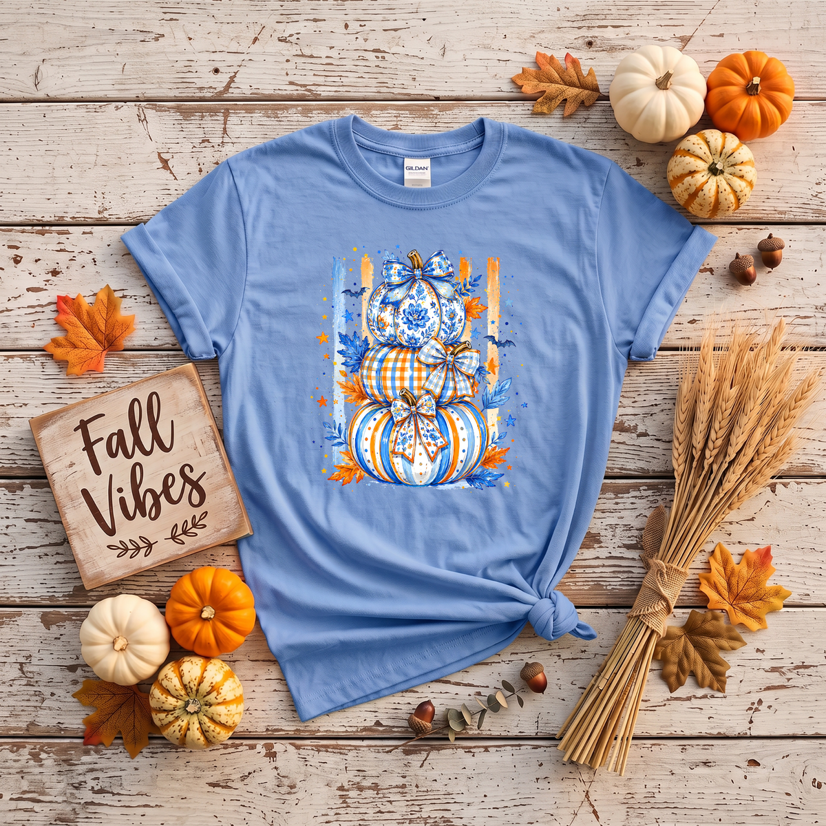 Blue & Orange Pumpkin Stack Fall Shirt | Coquette Pumpkin T-Shirt & Crewneck Sweatshirt