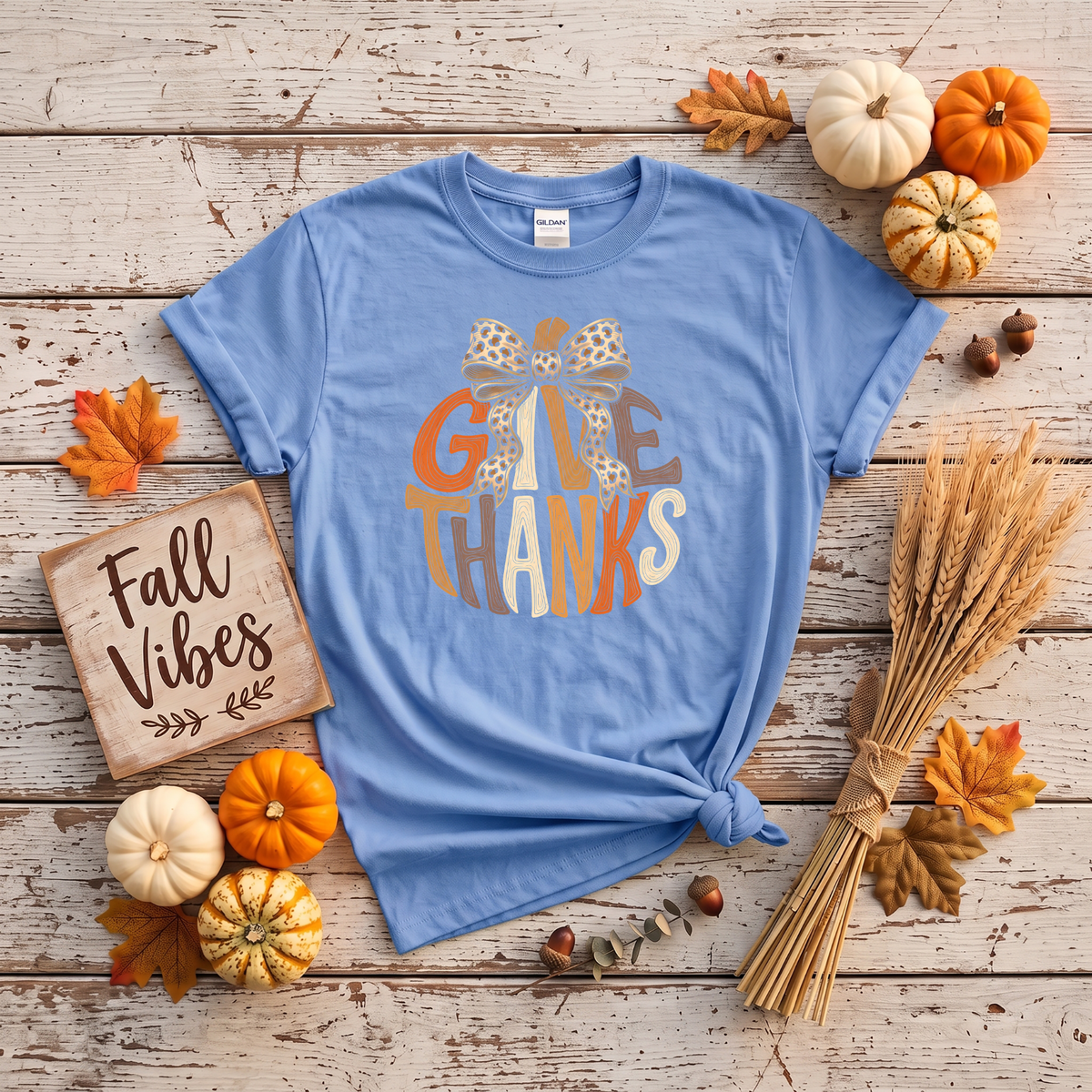 Give Thanks Leopard Bow Fall T-Shirt or Sweatshirt | Thanksgiving Apparel