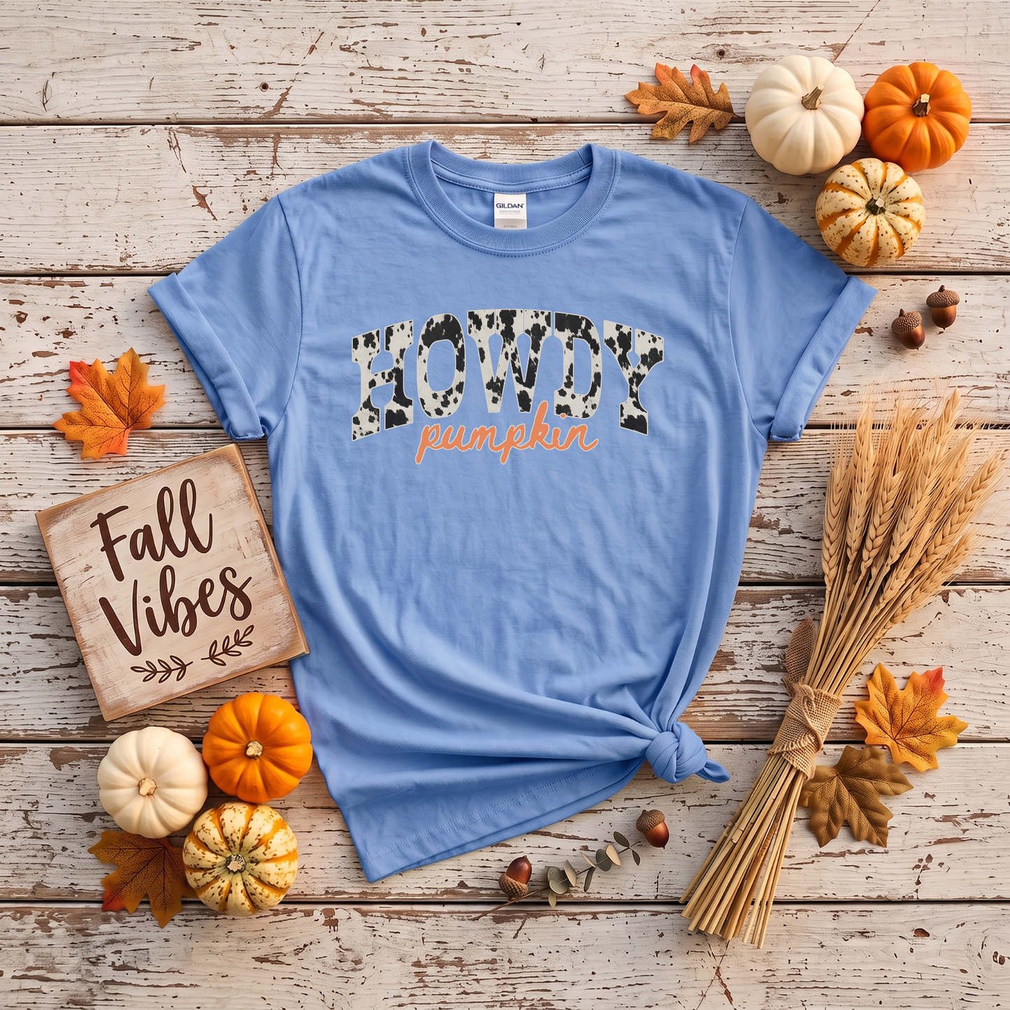Howdy Pumpkin Cow Print Fall Shirt | Western Autumn T-Shirt & Crewneck Sweatshirt