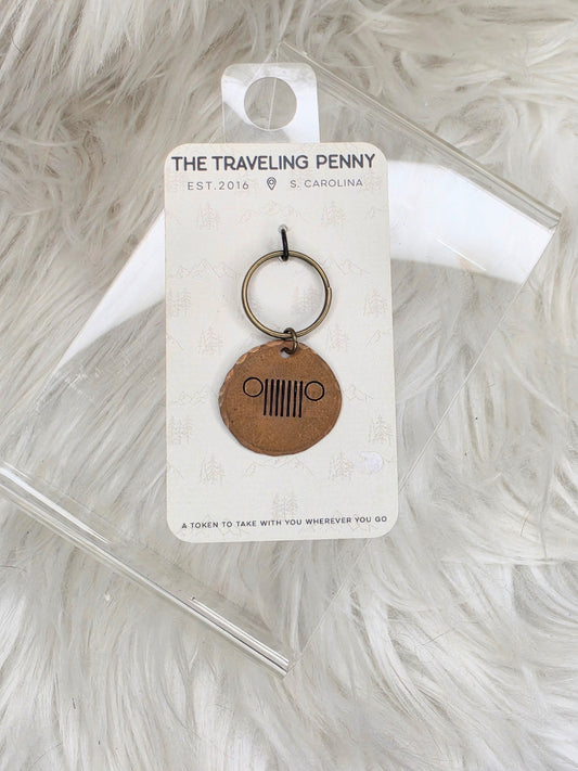 Jeep keychain, traveling penny keychain, Jeep grille keychain, pressed penny keychain, Jeep gift, off road keychain, overland accessory, adventure keychain, road trip gift, Jeep owner gift, travel keepsake, camping accessory, hiking gift, Jeep enthusiast gift, rustic keychain, handmade keychain, Jeep lifestyle accessory, explorer gift, backpack charm, travel souvenir.