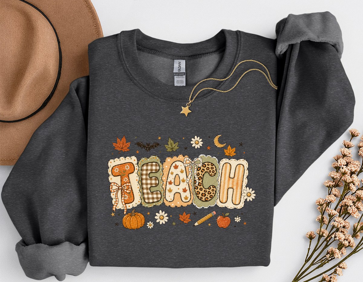 Teacher Fall Crewneck Sweatshirt | Patchwork Teacher Shirt | Cozy Autumn Teacher Sweatshirt
