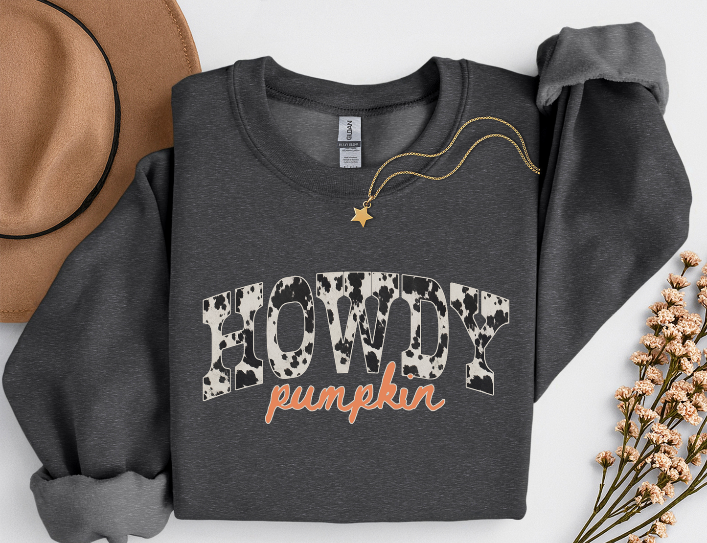 Howdy Pumpkin Cow Print Fall Shirt | Western Autumn T-Shirt & Crewneck Sweatshirt