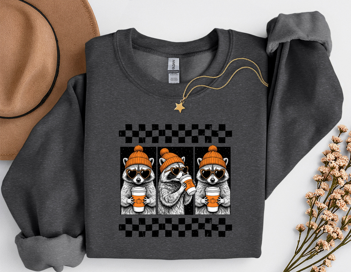 Pumpkin Spice Raccoon Crewneck Sweatshirt | Cute Fall Coffee Sweatshirt | Cozy Autumn Raccoon Shirt