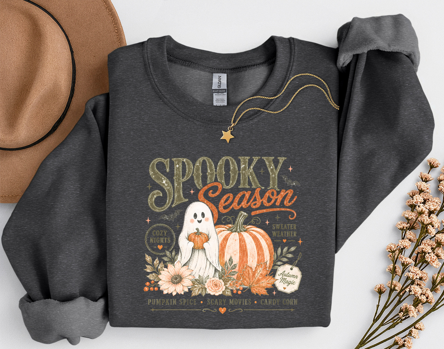 Spooky Season Ghost & Pumpkin Shirt | Cute Halloween T-Shirt or Crewneck Sweatshirt