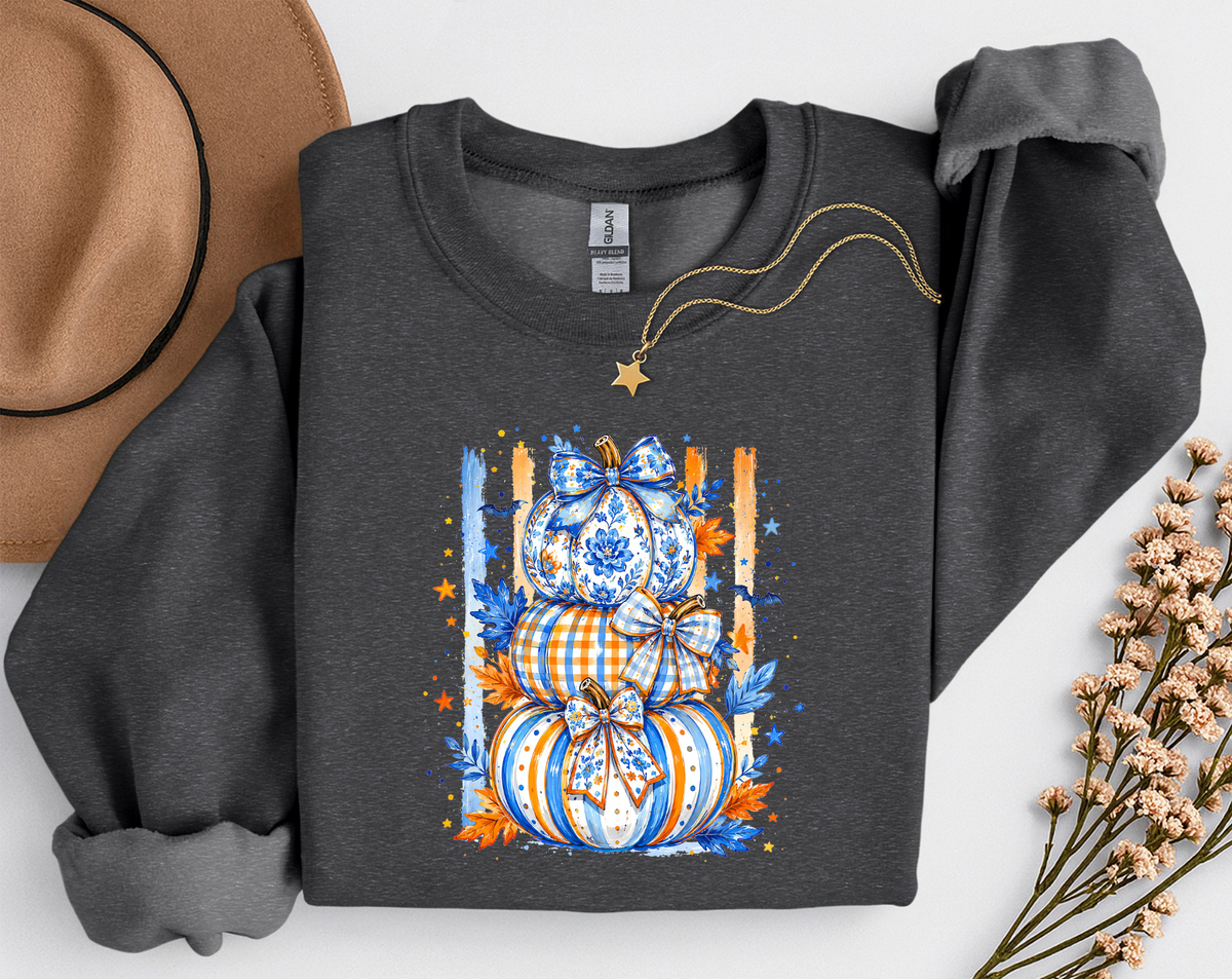 Blue & Orange Pumpkin Stack Fall Shirt | Coquette Pumpkin T-Shirt & Crewneck Sweatshirt