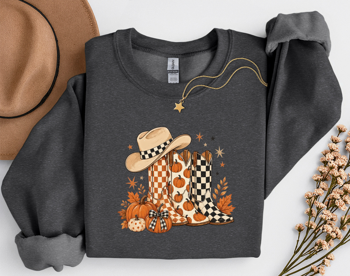 Western Fall Crewneck Sweatshirt | Cowboy Boots & Pumpkins Autumn Sweatshirt | Country Fall Shirt