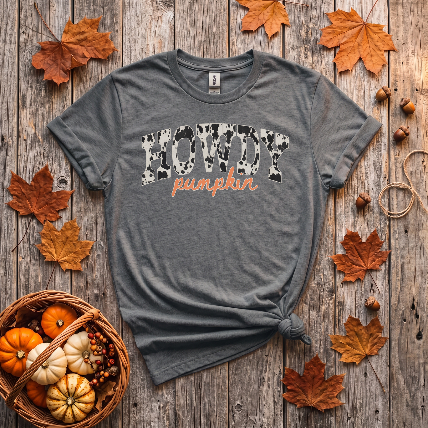 Howdy Pumpkin Cow Print Fall Shirt | Western Autumn T-Shirt & Crewneck Sweatshirt
