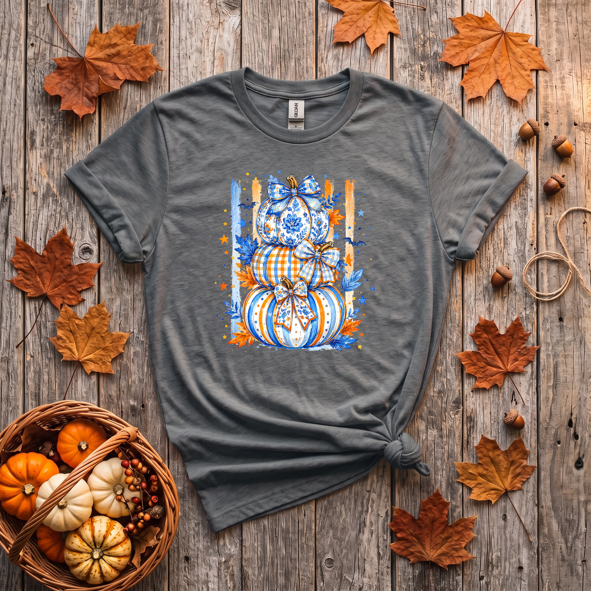 Blue & Orange Pumpkin Stack Fall Shirt | Coquette Pumpkin T-Shirt & Crewneck Sweatshirt