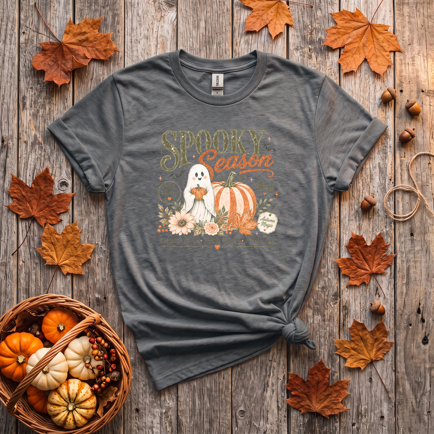 Spooky Season Ghost & Pumpkin Shirt | Cute Halloween T-Shirt or Crewneck Sweatshirt
