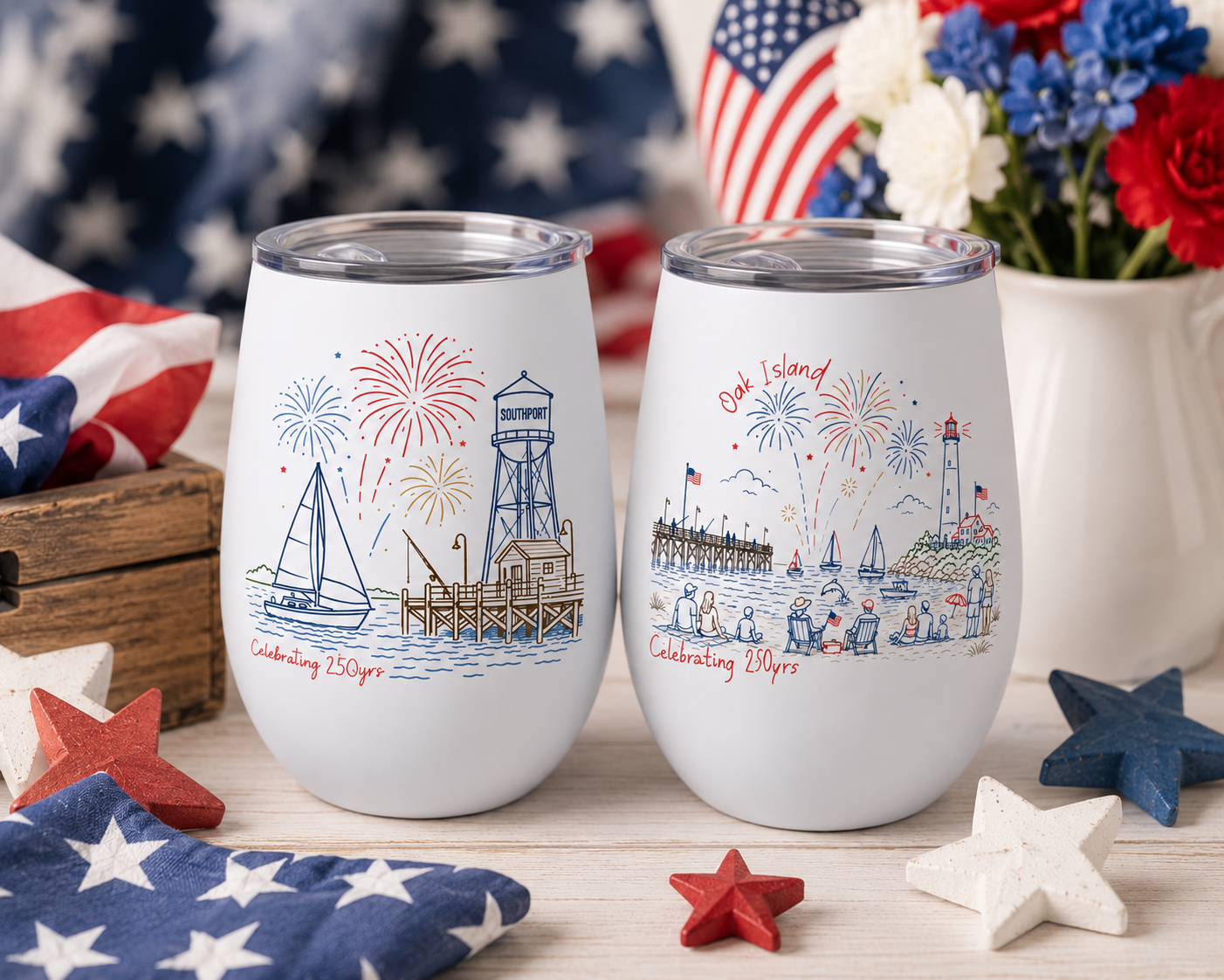 Southport NC 250th Celebration Tumbler | Oak Island 250th Patriotic Wine Cup
