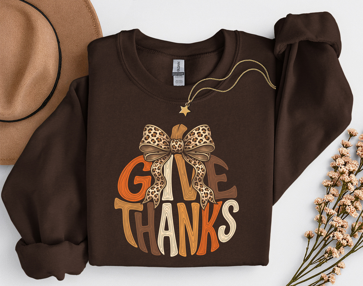 Give Thanks Leopard Bow Fall T-Shirt or Sweatshirt | Thanksgiving Apparel