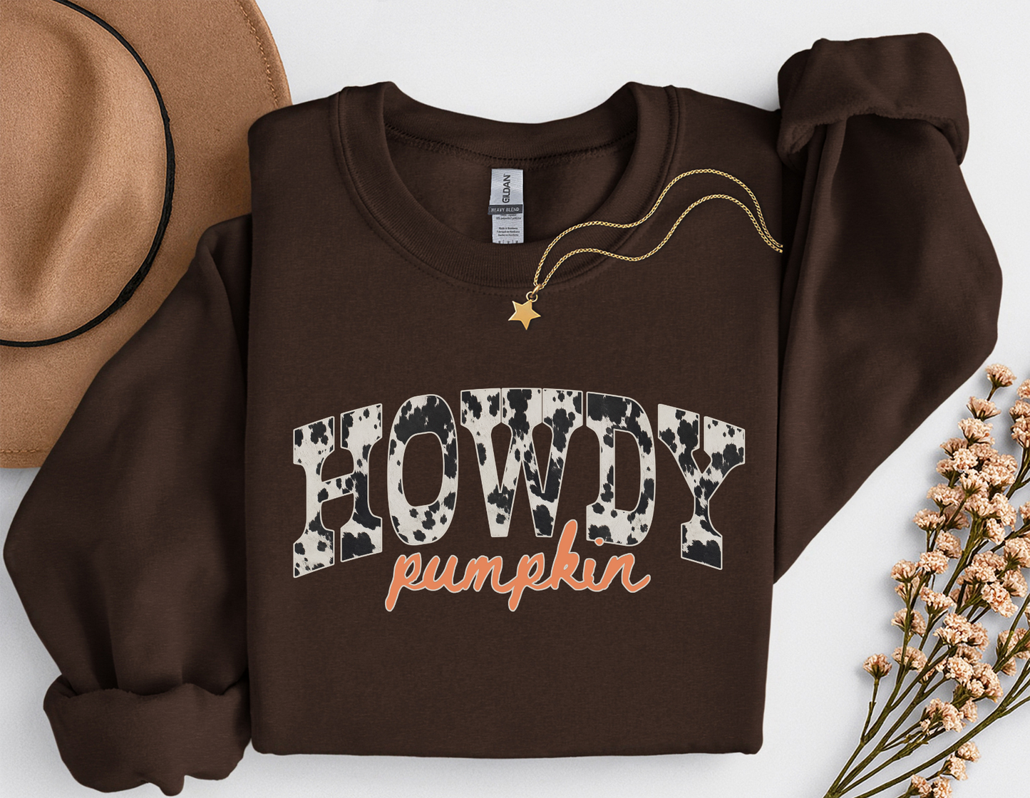 Howdy Pumpkin Cow Print Fall Shirt | Western Autumn T-Shirt & Crewneck Sweatshirt