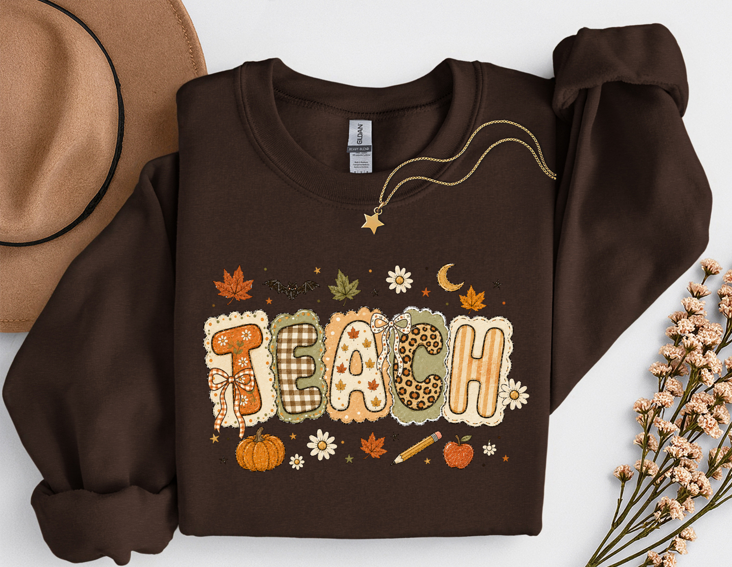 Teacher Fall Crewneck Sweatshirt | Patchwork Teacher Shirt | Cozy Autumn Teacher Sweatshirt
