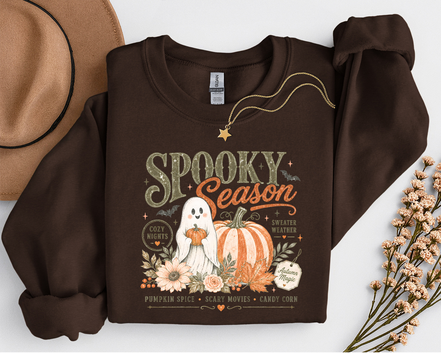 Spooky Season Ghost & Pumpkin Shirt | Cute Halloween T-Shirt or Crewneck Sweatshirt