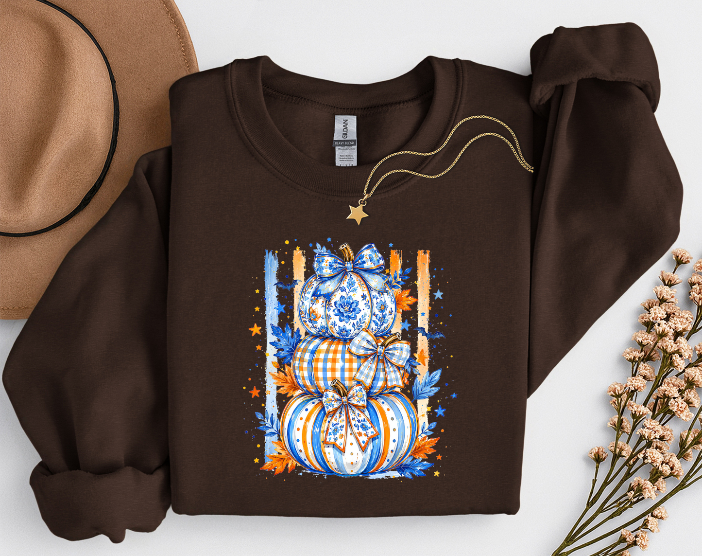 Blue & Orange Pumpkin Stack Fall Shirt | Coquette Pumpkin T-Shirt & Crewneck Sweatshirt