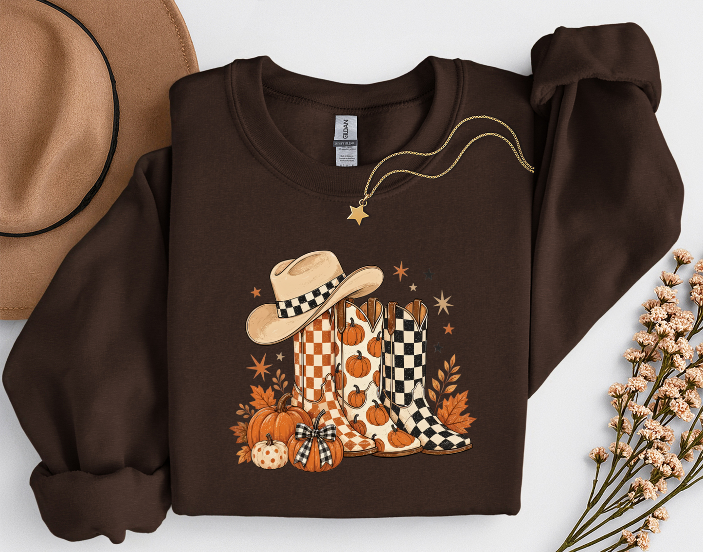 Western Fall Crewneck Sweatshirt | Cowboy Boots & Pumpkins Autumn Sweatshirt | Country Fall Shirt