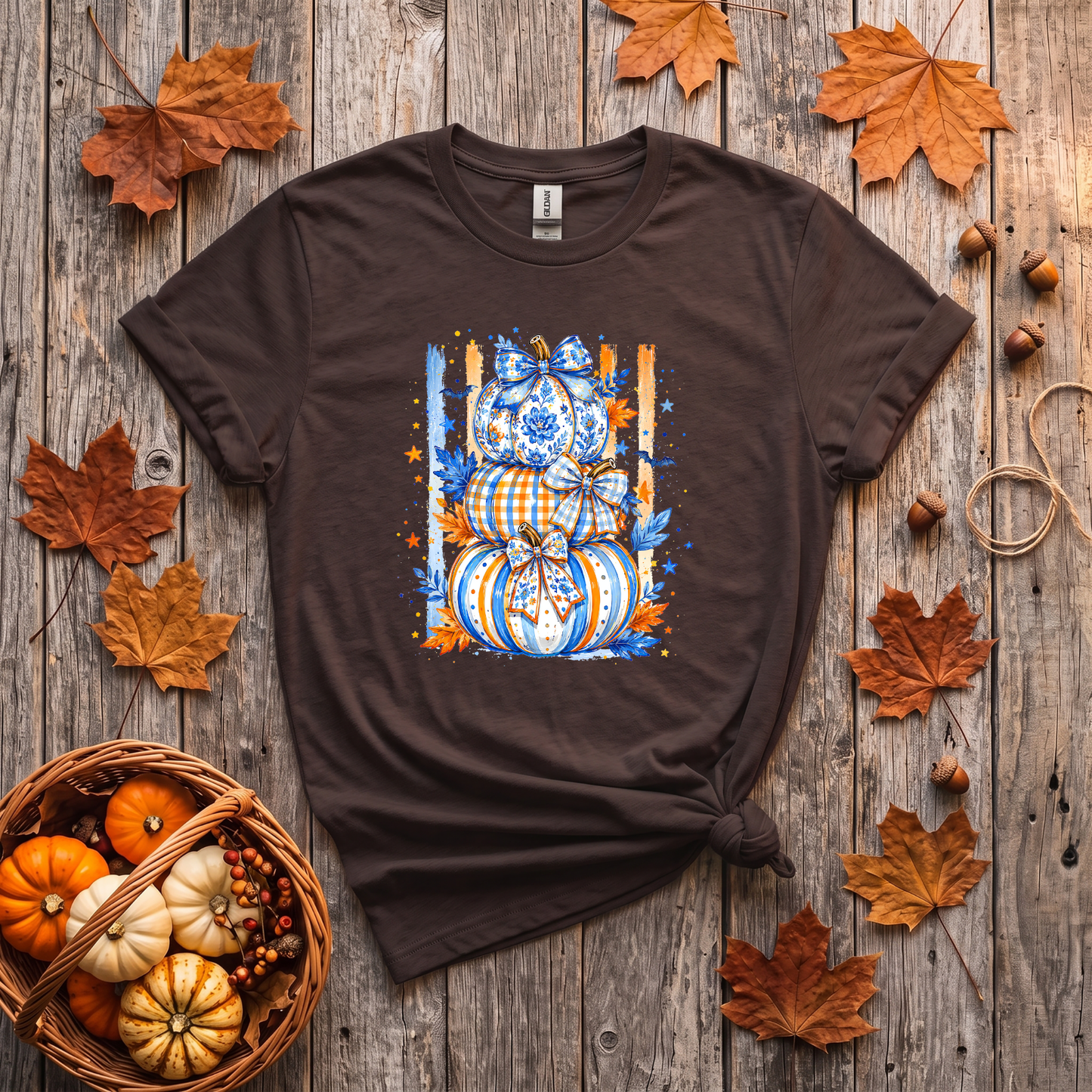 Blue & Orange Pumpkin Stack Fall Shirt | Coquette Pumpkin T-Shirt & Crewneck Sweatshirt