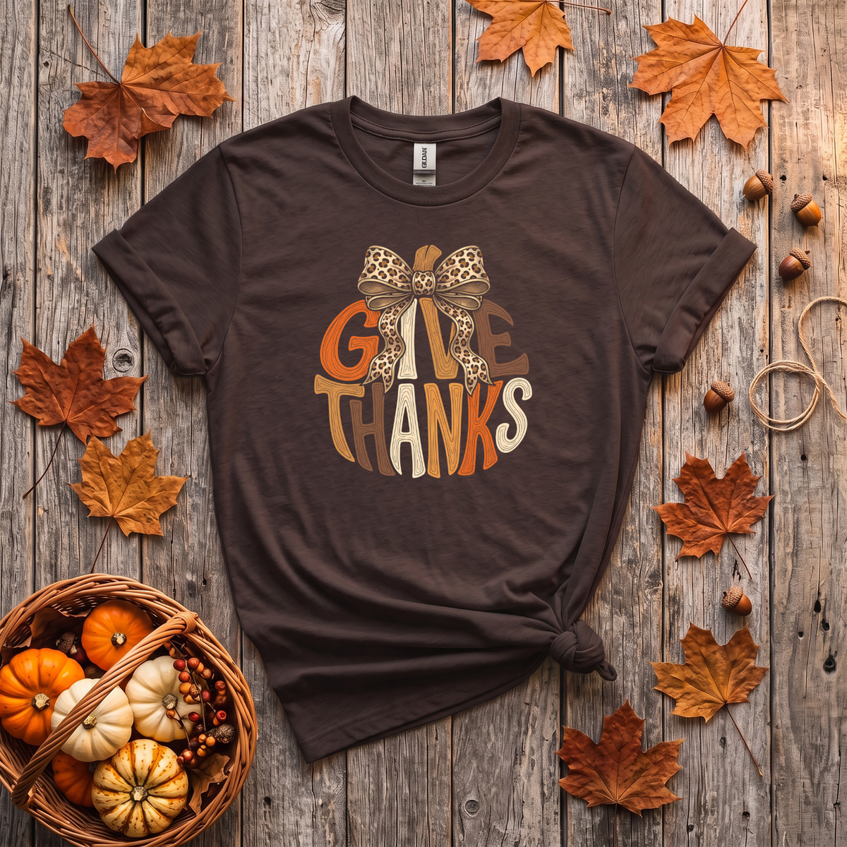 Give Thanks Leopard Bow Fall T-Shirt or Sweatshirt | Thanksgiving Apparel