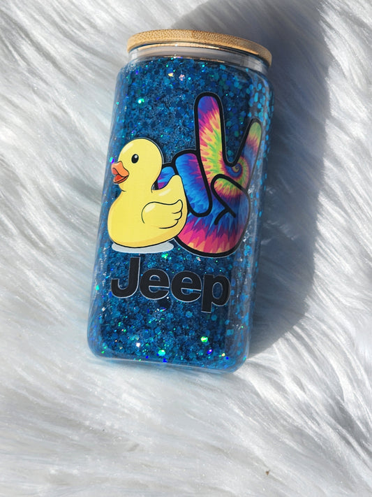 Jeep duck cup, Duck Duck Jeep gift, Jeep duck tumbler, Jeep glass can, Jeep lover gift, tie dye peace sign cup, glitter glass can, Jeep coffee cup, iced coffee glass, Jeep accessory, Duck Duck Jeep merchandise, custom Jeep cup, bamboo lid glass can, Jeep owner gift, colorful glass tumbler, reusable coffee cup, Jeep duck collector gift, road trip cup, Jeep lifestyle accessory, handmade glass can.
