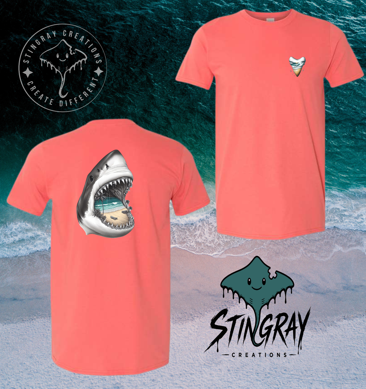 Shark Jaw Beach Scene T Shirt & Crewneck Sweatshirt | Coastal Shark Tooth Shirt
