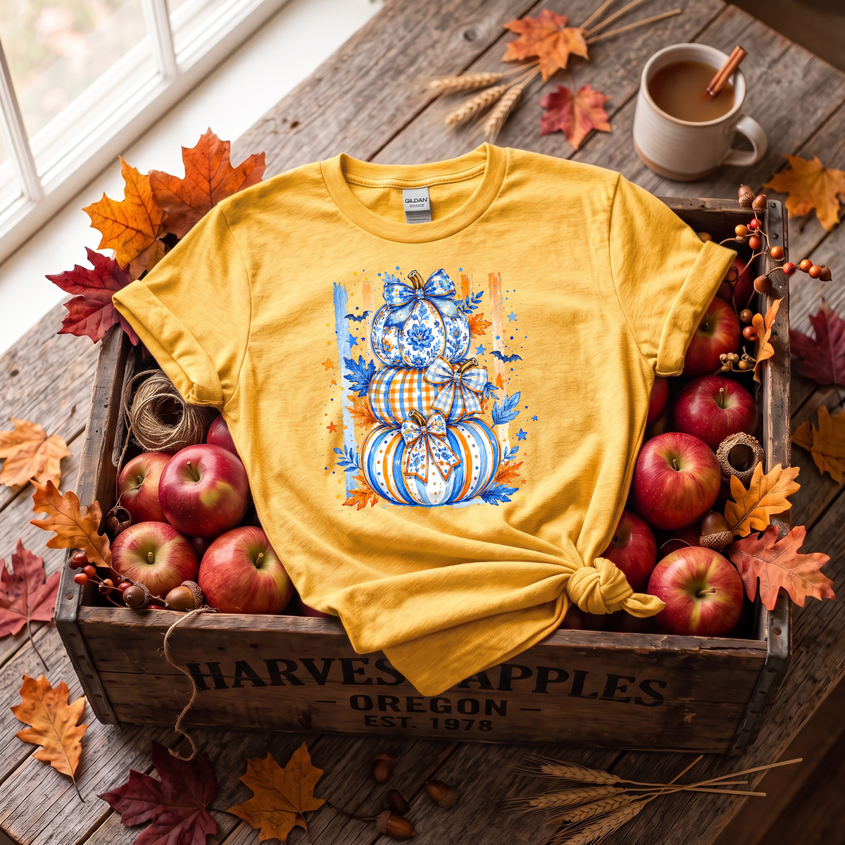 Blue & Orange Pumpkin Stack Fall Shirt | Coquette Pumpkin T-Shirt & Crewneck Sweatshirt