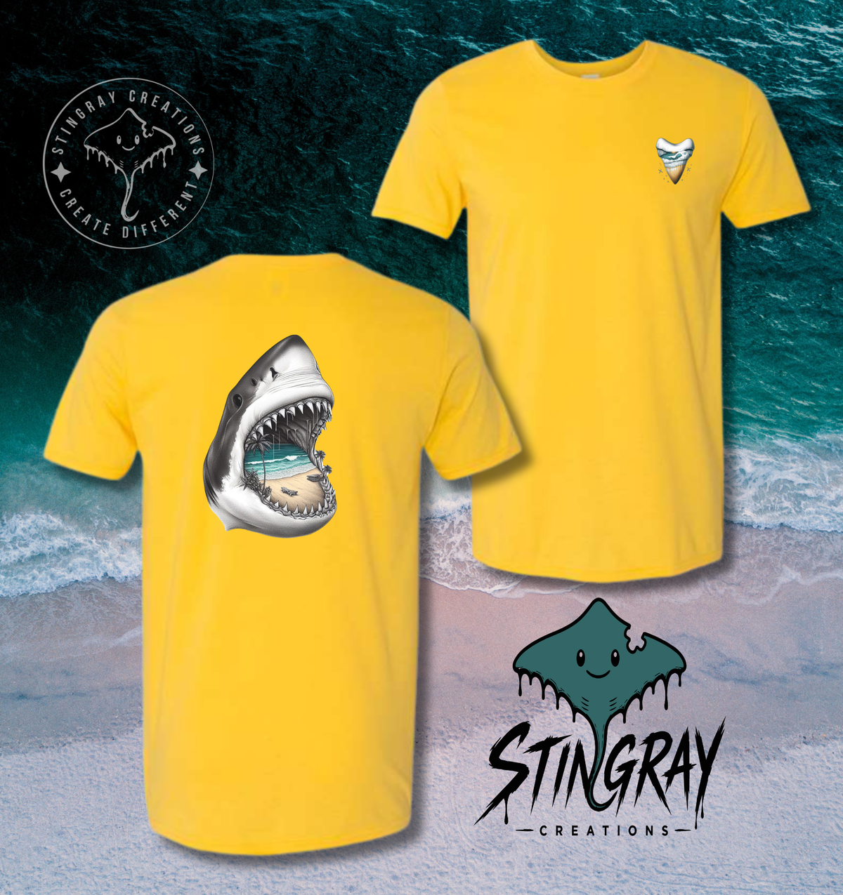 Shark Jaw Beach Scene T Shirt & Crewneck Sweatshirt | Coastal Shark Tooth Shirt