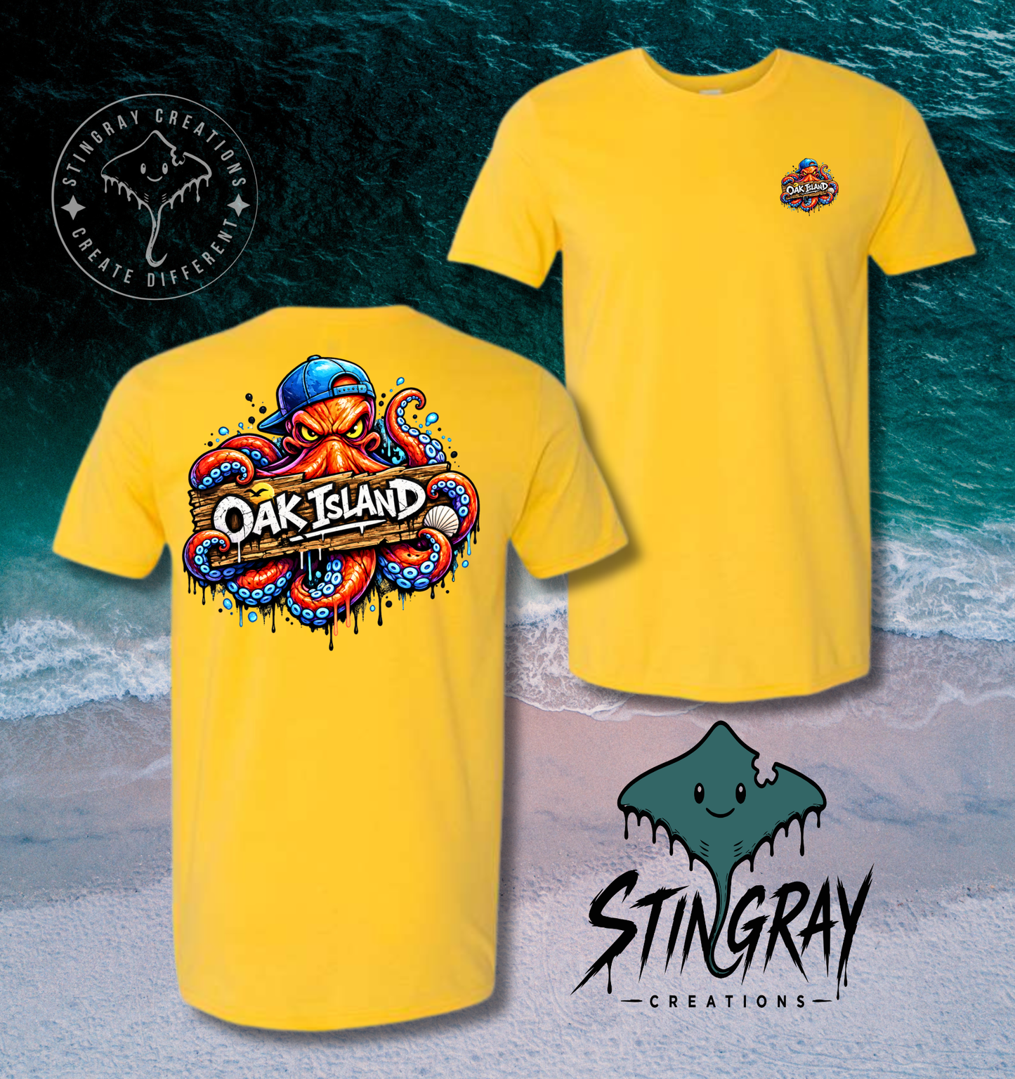 Oak Island Graffiti Octopus T Shirt | Coastal North Carolina Graphic Tee | Beach Vacation Shirt