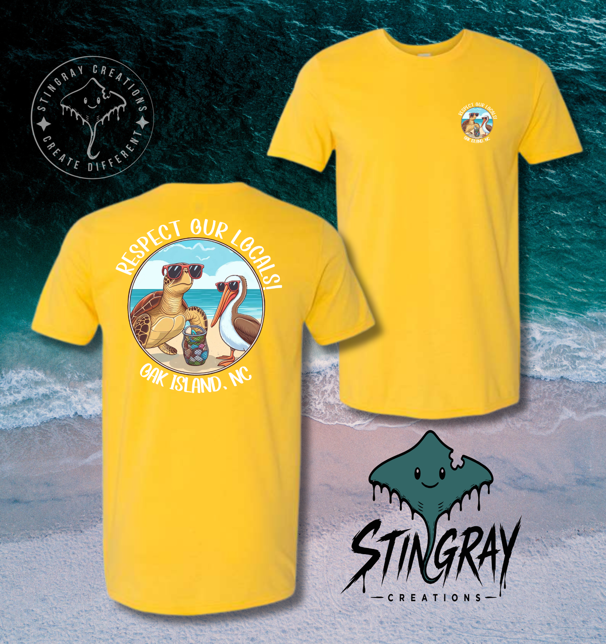 Respect Our Locals Oak Island NC Sea Turtle & Pelican T Shirt & Crewneck Sweatshirt